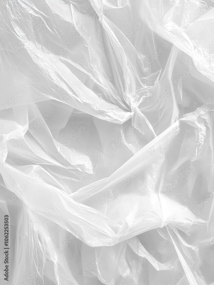 Obraz premium Abstract White Plastic Wrap Background with crinkled and transparent texture, symbolizing fragility, flexibility, translucency, delicate, and minimalism.