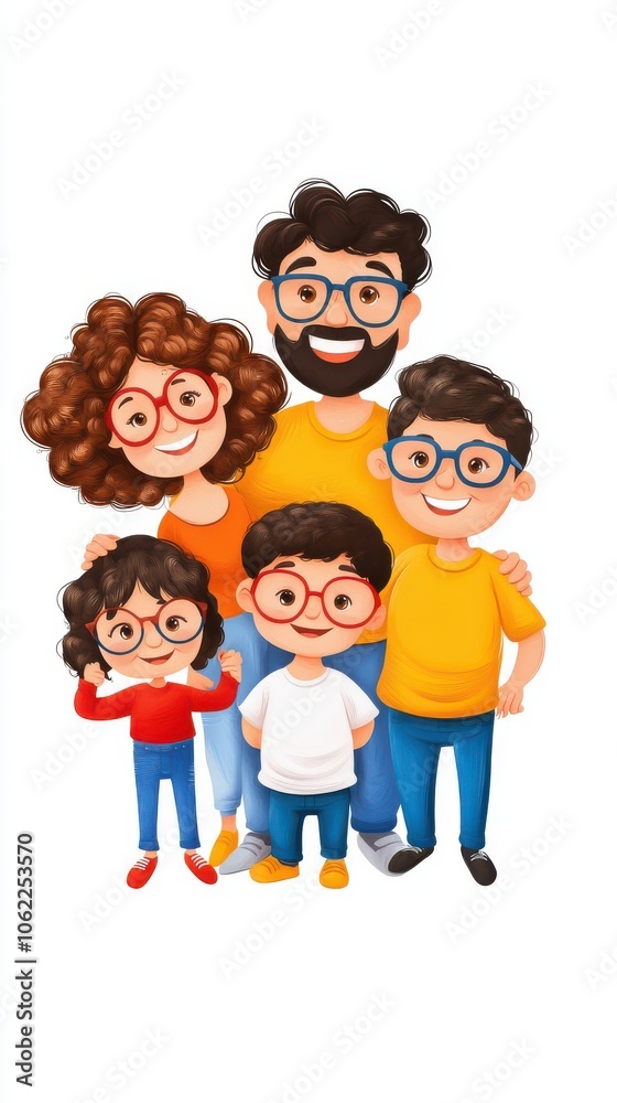 A cheerful cartoon family of five, smiling and wearing colorful outfits, with glasses and joyful expressions. A cheerful cartoon family of five, smiling and wearing colorful outfits, with glasses and joyful expressions.