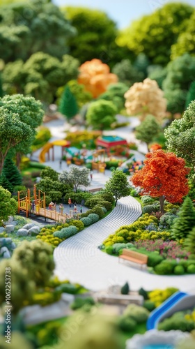 A vibrant miniature park scene featuring lush greenery and colorful playgrounds, perfect for family fun.