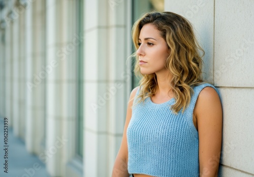 Free Download Woman leaning against a wall, looking to the side. - GFXLoad