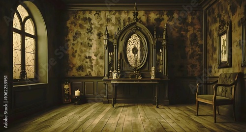 a vintage  gothic room with light coming through a window onto the floor next to a single chair and a old dresser table in the center 