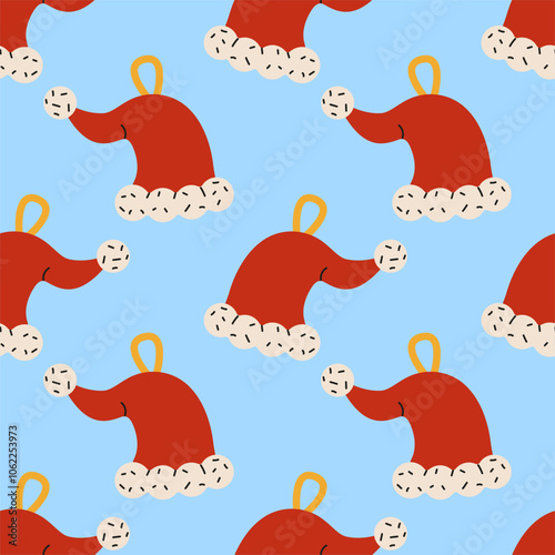 Pattern of cheerful red hats with white trim on a light blue background for festive decor