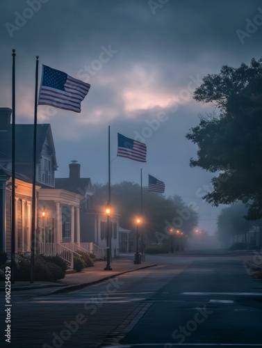 American Flags in a Foggy Town at Dawn, symbolizing patriotism, community, hope, and the beauty of a new day. photo