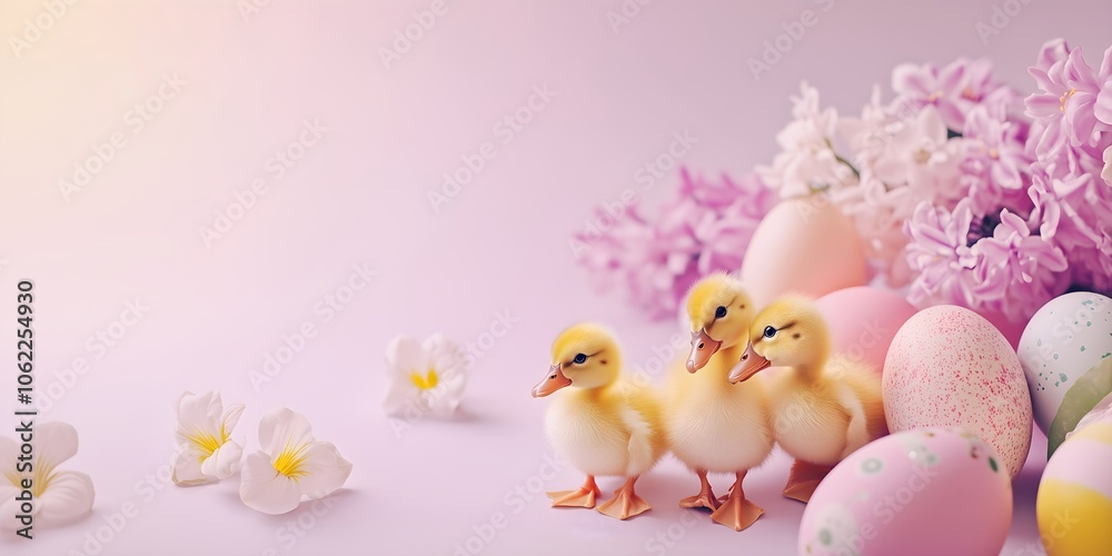 Yellow ducklings with pink easter eggs and spring flowers, tender holiday celebration concept