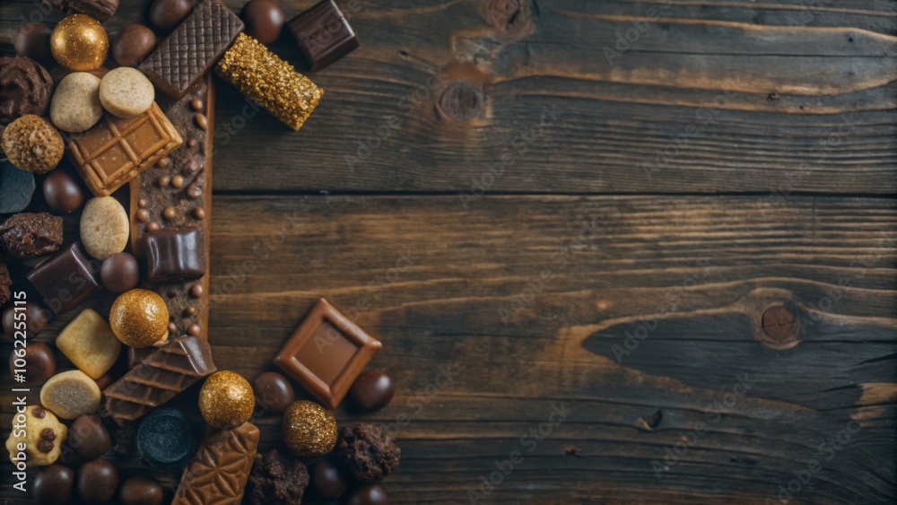 Assorted chocolate and confections on rustic wooden surface for dessert inspiration Assorted chocolate and confections on rustic wooden surface for dessert inspiration