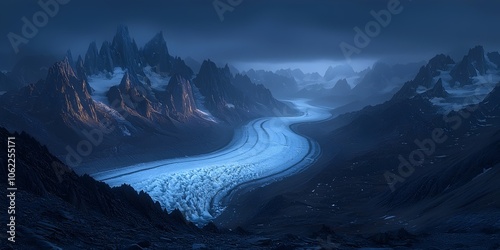 A breathtaking view of a serene glacier river flowing through dramatic mountain peaks, capturing the tranquility of nature in a moody twilight atmosphere. photo