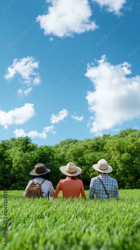 Three individuals enjoying a serene moment in a lush green field under a bright blue sky with fluffy clouds. Three individuals enjoying a serene moment in a lush green field under a bright blue sky with fluffy clouds.