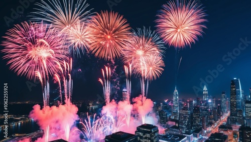 Colorful fireworks light up the night sky over a city celebration. photo