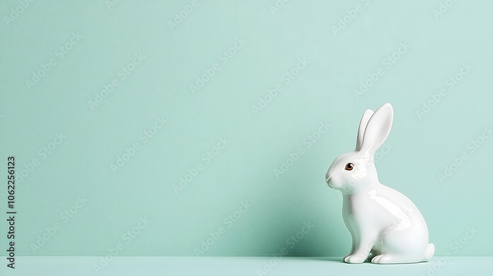 White ceramic rabbit figurine with shadow on mint green background, minimal easter decoration concept