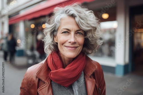 Portrait of a happy senior woman standing in front of a shop