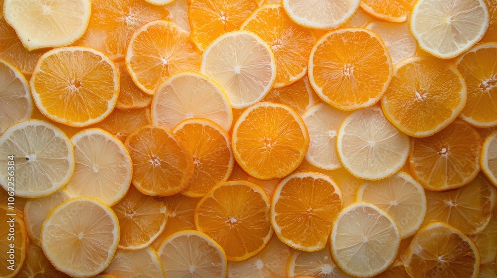 A close up of many orange slices, some of which are cut in half A close up of many orange slices, some of which are cut in half