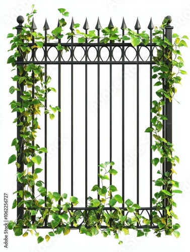 A classic black metal fence with intricate design, adorned with vibrant green ivy, isolated against a clean white background.  The fence symbolizes security, tradition, and the beauty of nature's embr photo