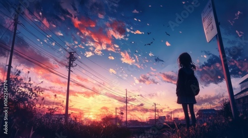Girl from back looking to the sky with epic clouds in the afterrnoon, anime wallpaper