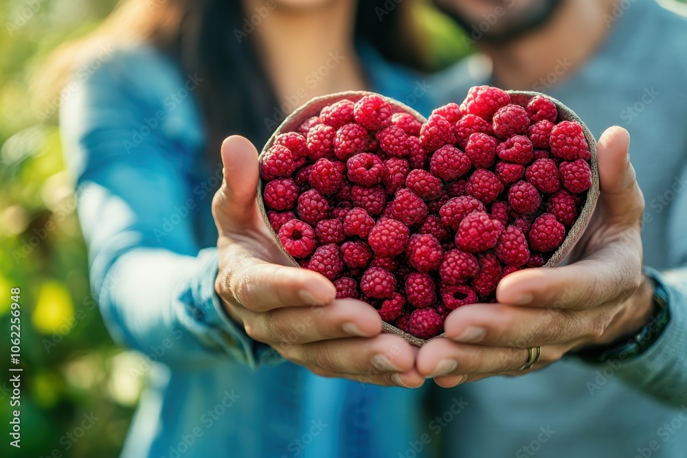 Couple holding a heart-shaped bowl of fresh raspberries in a vibrant garden setting Couple holding a heart-shaped bowl of fresh raspberries in a vibrant garden setting