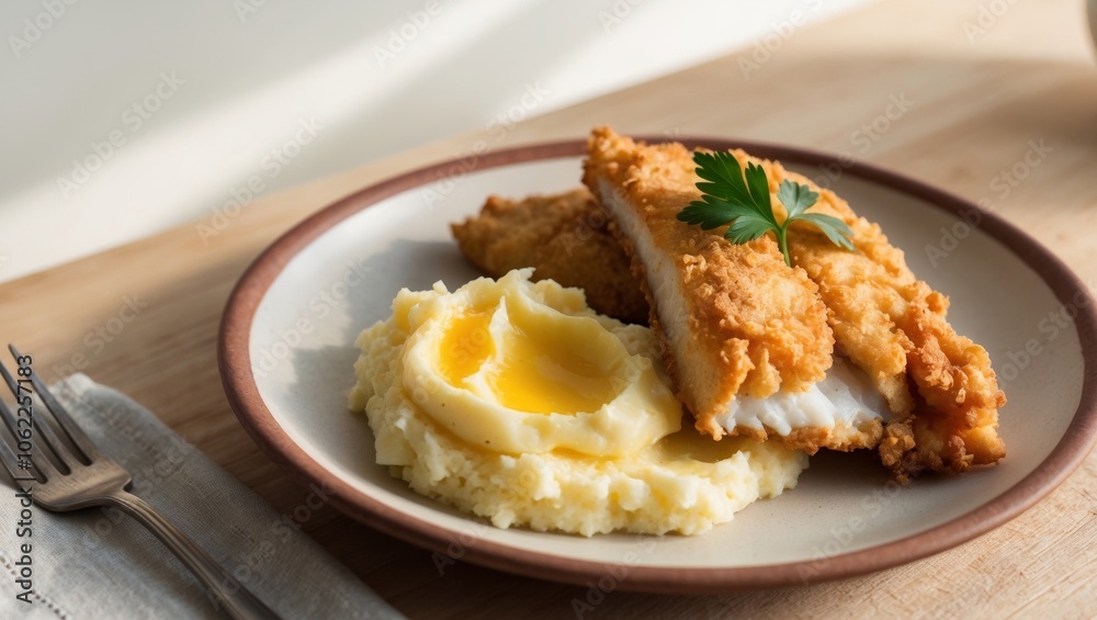 Crispy fried fish fillets served with creamy mashed potatoes and garnished with fresh parsley on a rustic dining table. Crispy fried fish fillets served with creamy mashed potatoes and garnished with fresh parsley on a rustic dining table.