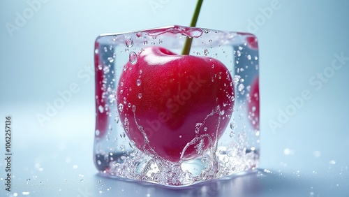 A fresh cherry encased in a clear ice cube