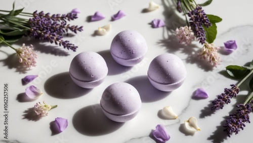 lavender bath bombs on marble background with fresh lavender flowers and white petals.