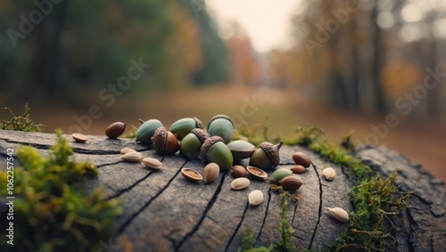 Acorns and seeds resting on a mossy log in a tranquil autumn forest. photo