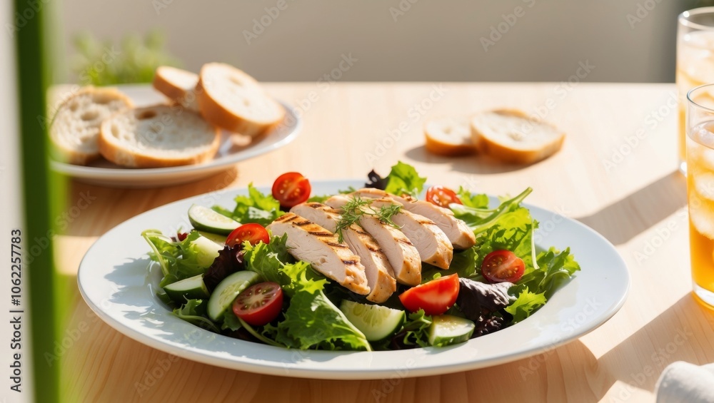 Healthy grilled chicken salad on a sunny dining table. Healthy grilled chicken salad on a sunny dining table.