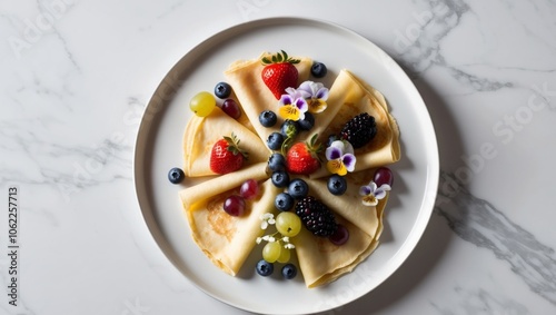 gourmet crepes with fresh fruits and edible flowers on a white marble background.
