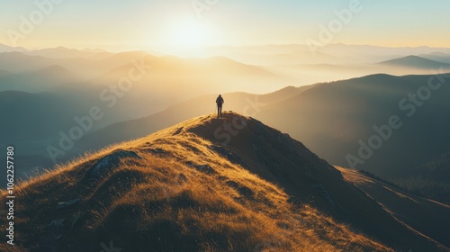 Person on a mountaintop looking over the valley below, highlighting exploration, beauty, and travel, warm sunset light