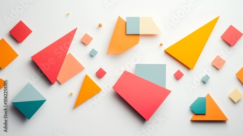 Colorful Geometric Shapes Abstract Background featuring vibrant squares, triangles, and rectangles on a white background, symbolizing creativity, design, modern art, and geometry.