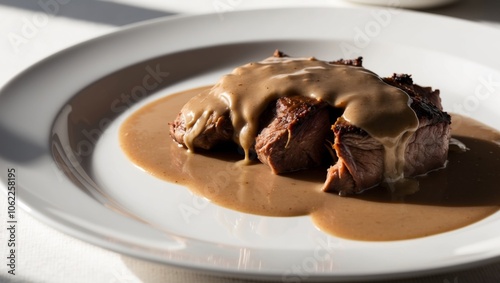 A white plate topped with meat and covered in gravy.