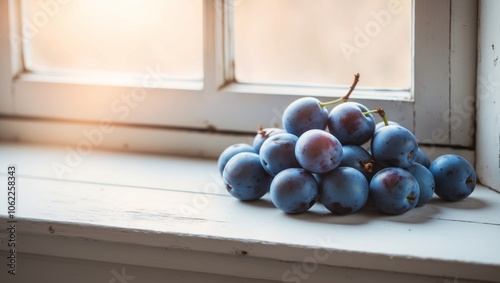 Freshly picked blue plums on a wooden windowsill in natural light. photo