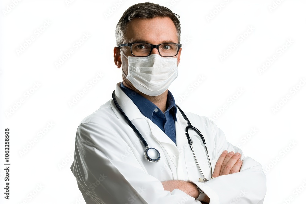 A confident male doctor wearing a white coat, glasses, and a surgical mask, with his arms crossed. He exudes professionalism and expertise. This image represents healthcare, safety, and a sense of sec A confident male doctor wearing a white coat, glasses, and a surgical mask, with his arms crossed. He exudes professionalism and expertise. This image represents healthcare, safety, and a sense of sec