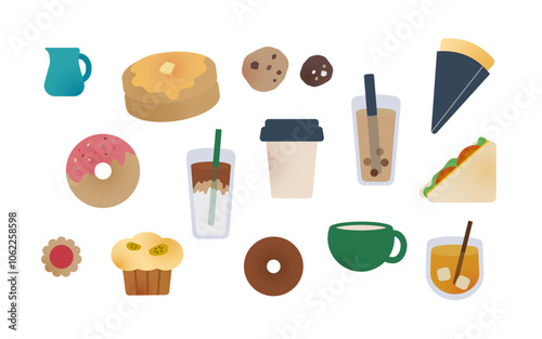 かわいいカフェイラストセット（ドリンク、スイーツ、サンドイッチなど）