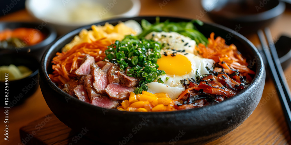 Closeup of a colorful and delicious bowl of bibimbap. Closeup of a colorful and delicious bowl of bibimbap.