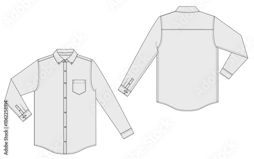 Long Sleeve Oxford Button Shirt Fashion Illustration Mock-up Template for Design and Tech Packs Front and Back Views	
