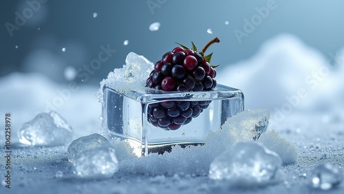 Juicy blackberry frozen in crystal-clear ice