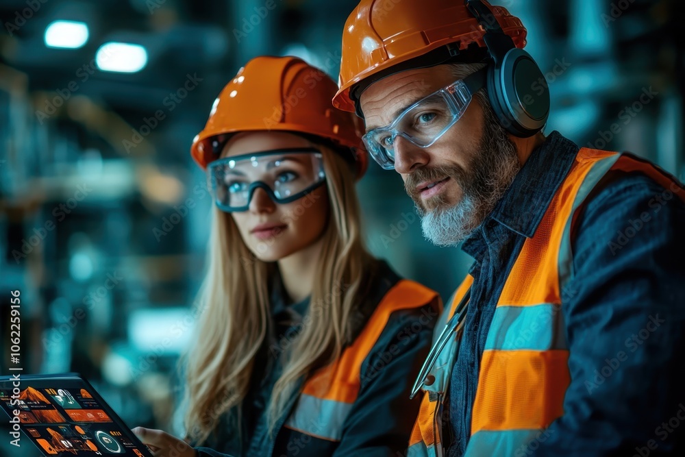 Workers collaborating in a factory setting while using technology for project management Workers collaborating in a factory setting while using technology for project management