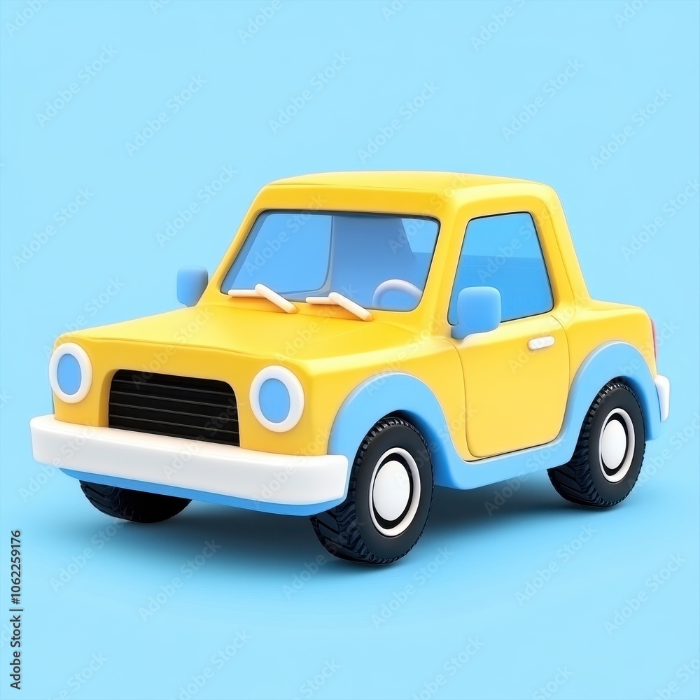 Cheerful Yellow Cartoon Car on a Bright Blue Background