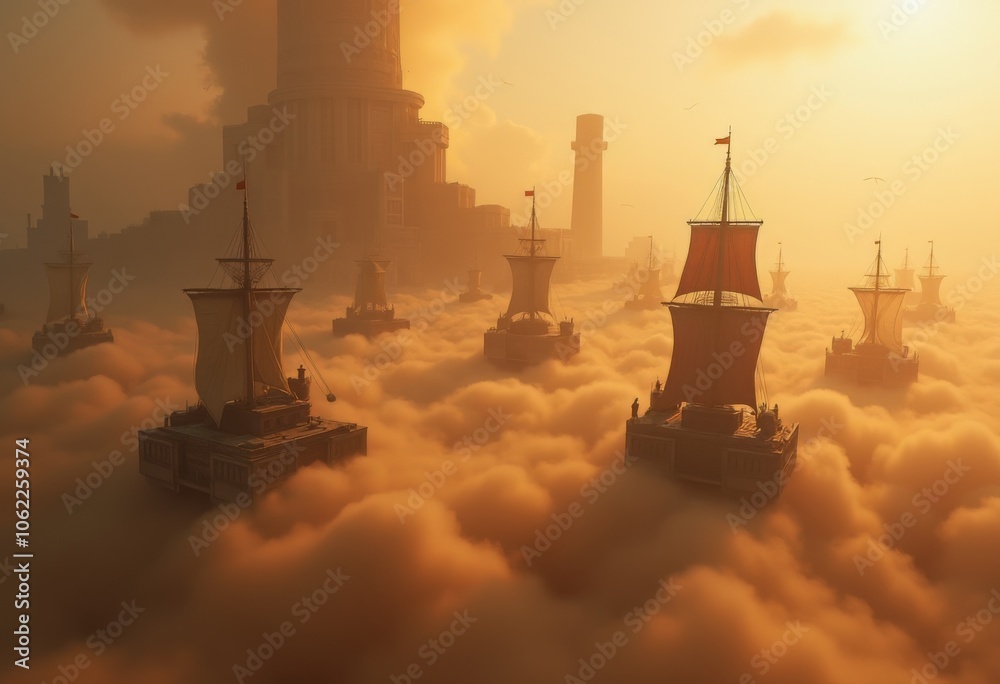 Fototapeta premium Enchanted ships navigate through golden clouds near a towering castle during a vibrant sunset in a mystical world