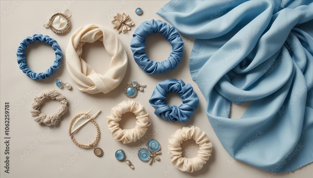 Beautiful accessories resting nearly with luxurious blue silk Beautiful accessories resting nearly with luxurious blue silk
