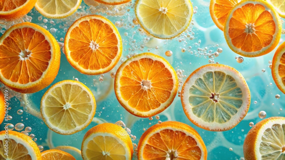 Obraz premium Refreshing citrus slices in sparkling water for summer beverage concept