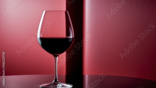 glass of red wine on a rich crimson background with reflection. photo