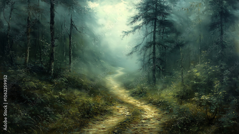 Obraz premium golden rays filter through a misty pine forest, illuminating a sandy path