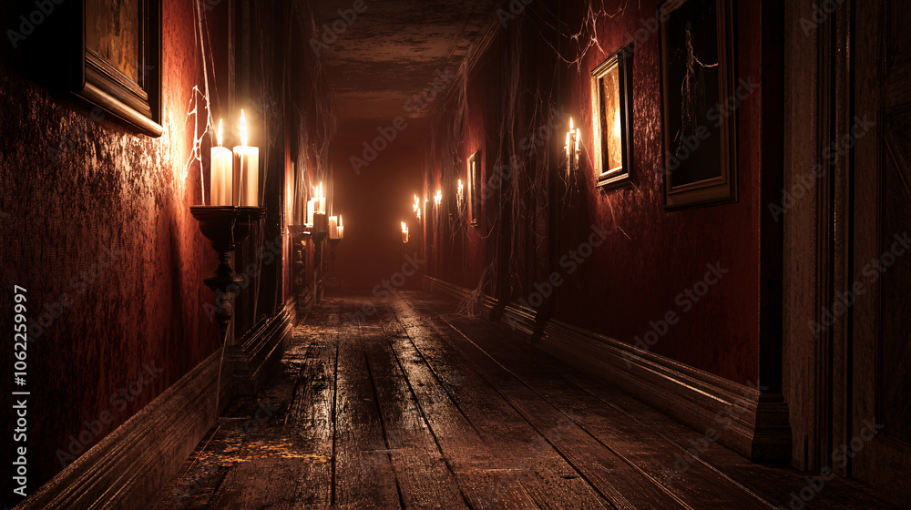A spooky hallway interior, with creaky floorboards, flickering candles lining the walls, and cobwebs stretching across picture frames. A spooky hallway interior, with creaky floorboards, flickering candles lining the walls, and cobwebs stretching across picture frames.