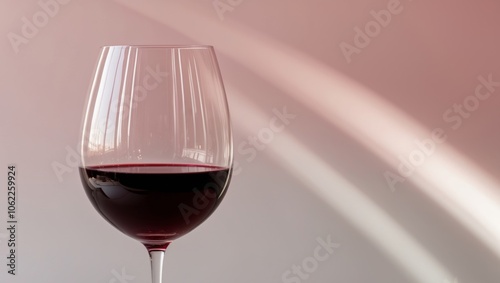 A glass of red wine with light reflections creating an artistic effect on a pink background.