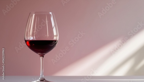 A glass of red wine with light reflections creating an artistic effect on a pink background.