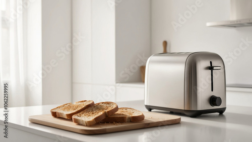 Freshly toasted bread slices beside a modern toaster in a kitchen.