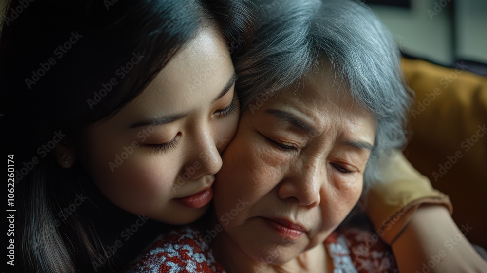 Asian youth finding support for cancer and family loss. Emotional moment with caregiver in a warm home setting. Asian youth finding support for cancer and family loss. Emotional moment with caregiver in a warm home setting.