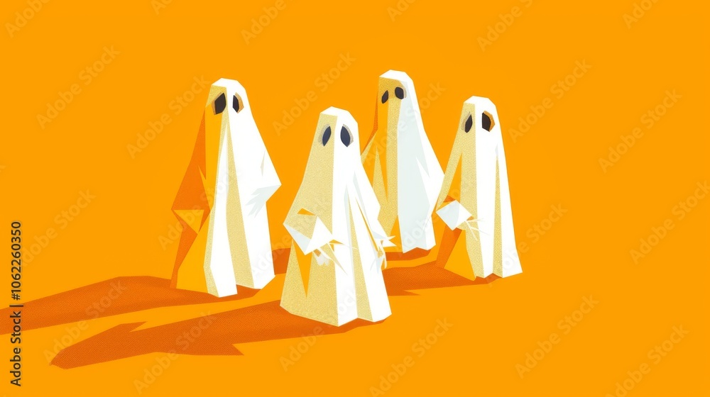 Four paper ghosts are standing in a row on an orange background. The ghosts are all facing the same direction and appear to be holding something in their hands. The scene gives off a spooky Four paper ghosts are standing in a row on an orange background. The ghosts are all facing the same direction and appear to be holding something in their hands. The scene gives off a spooky