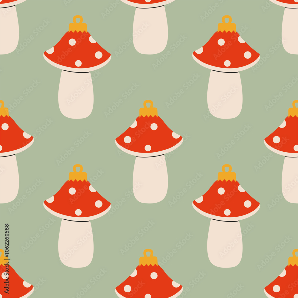 Whimsical red and cream mushroom pattern on light green background Whimsical red and cream mushroom pattern on light green background