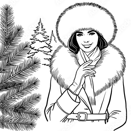 Vector image fashionable woman in a warm coat and fur hat, surrounded by snowy trees