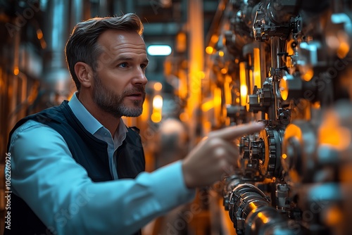 Industrial Engineer Monitoring Machinery in a Busy Factory Setting