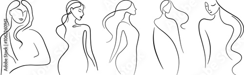 Stylized line drawings of women with various hairstyles and poses in a minimalist artistic style, can be used as logotype